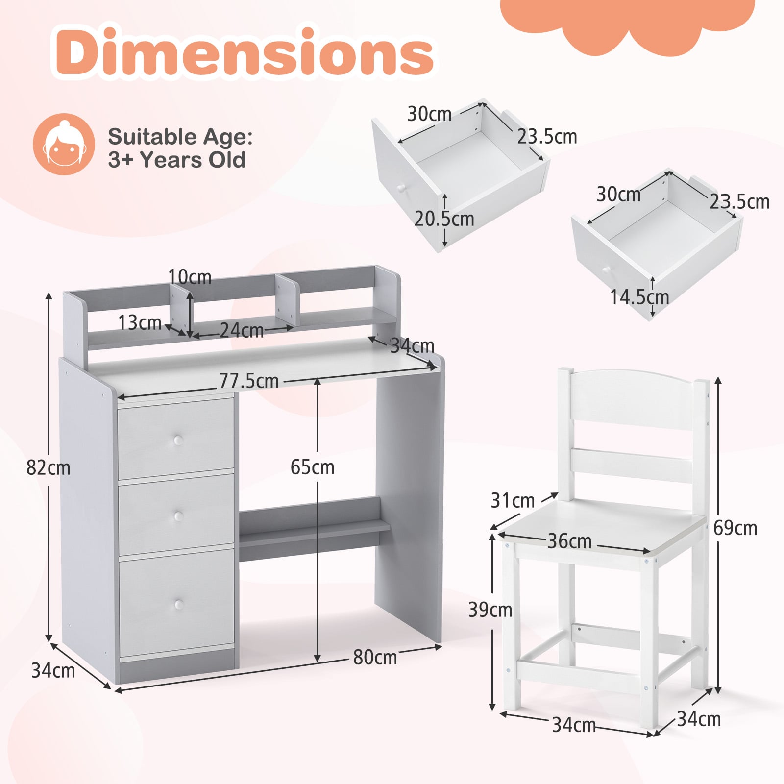 Kids Study Desk and Chair Set Wooden Children Writing Desk with Hutch-Grey