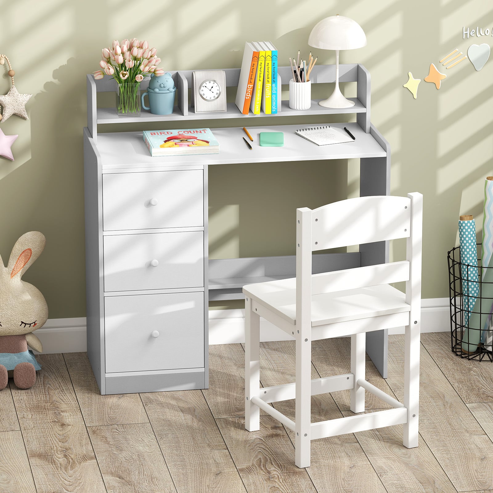 Kids Study Desk and Chair Set Wooden Children Writing Desk with Hutch-Grey