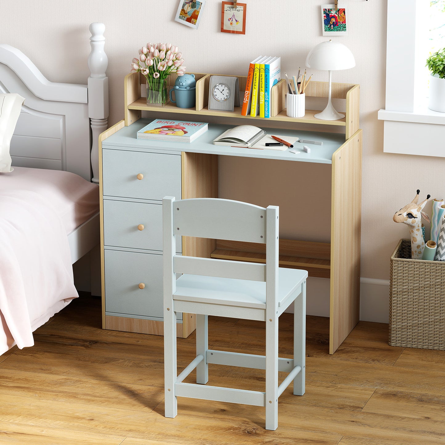 Kids Study Desk and Chair Set Wooden Children Writing Desk with Hutch-Light Blue