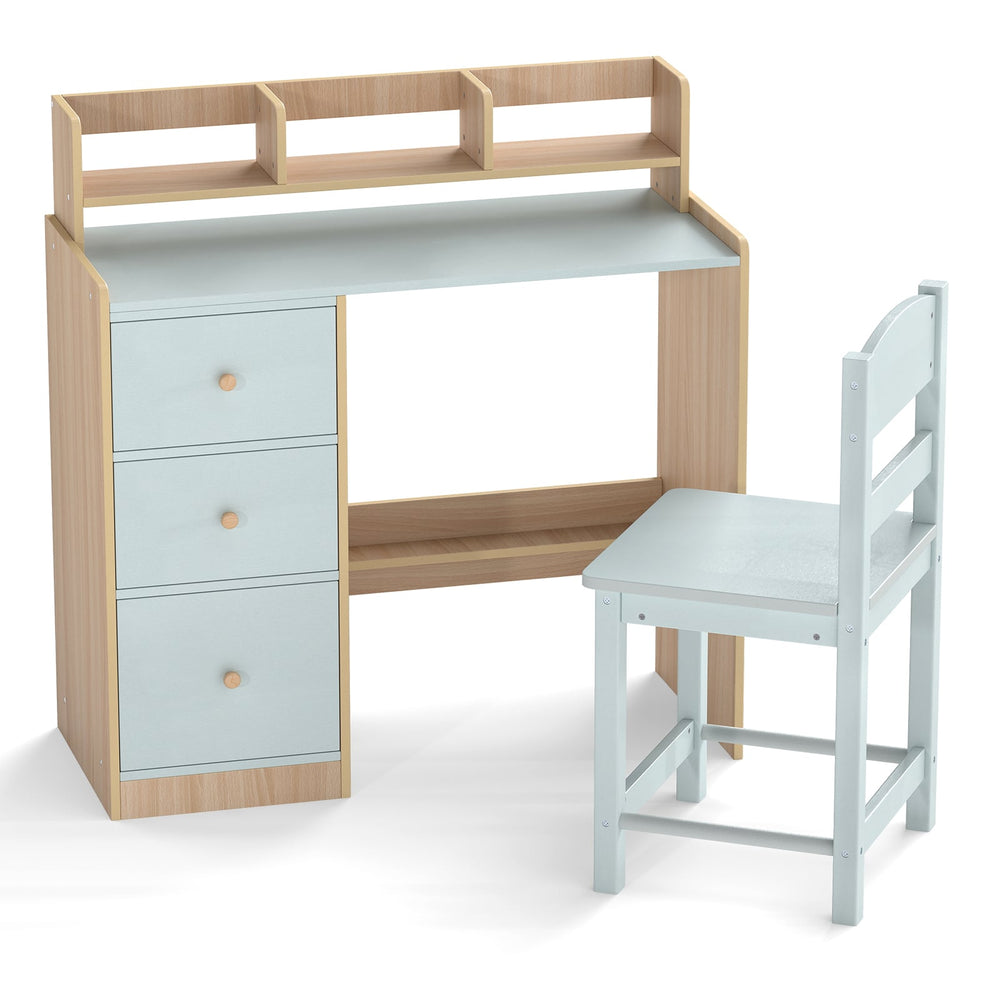 Kids Study Desk and Chair Set Wooden Children Writing Desk with Hutch-Light Blue