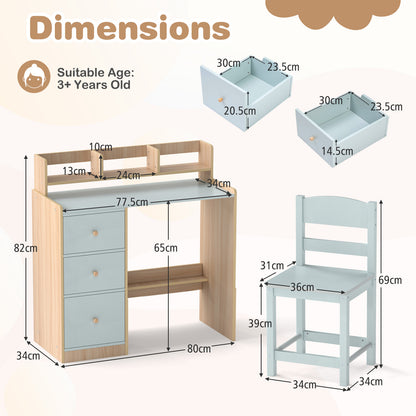 Kids Study Desk and Chair Set Wooden Children Writing Desk with Hutch-Light Blue