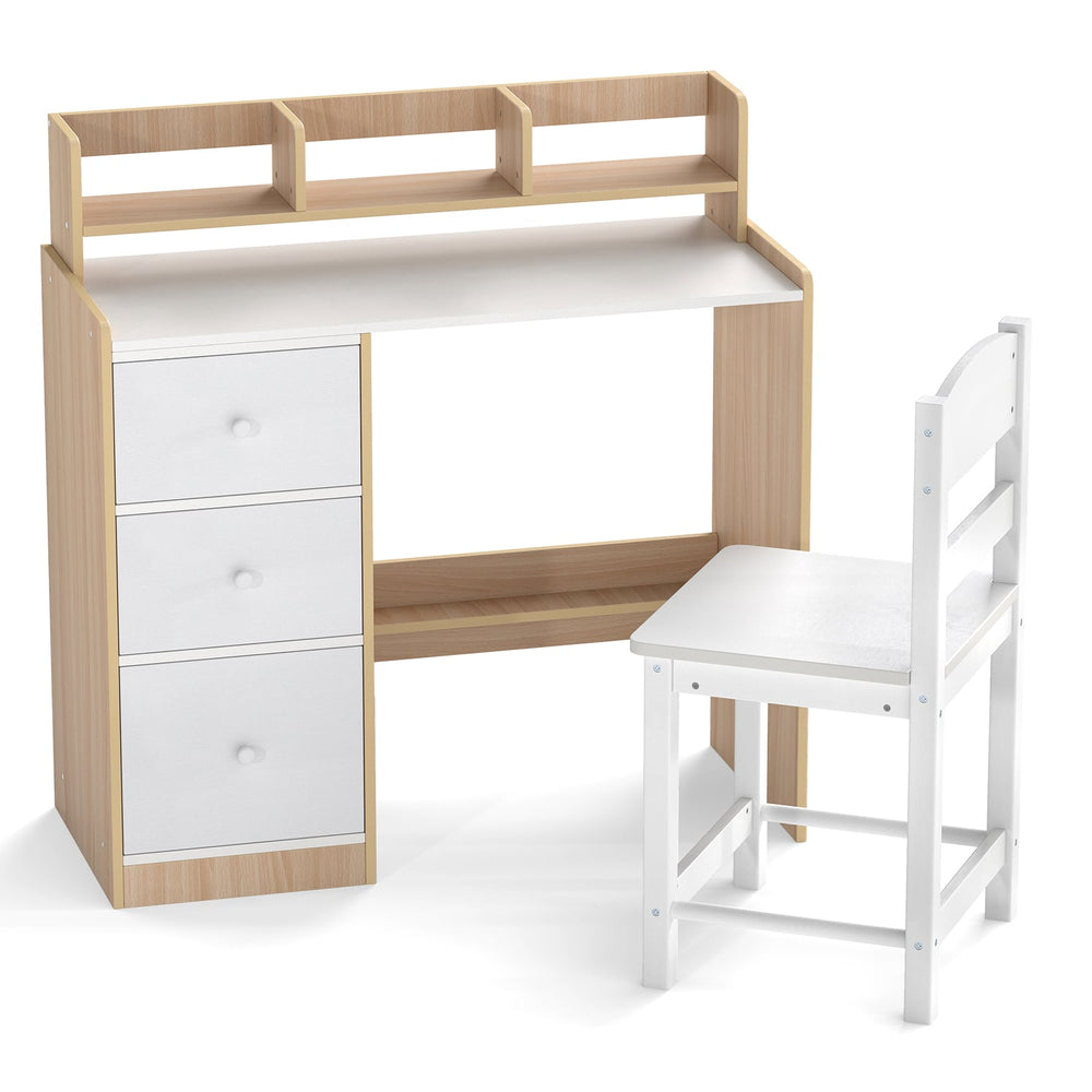 Kids Study Desk and Chair Set Wooden Children Writing Desk with Hutch-Natural
