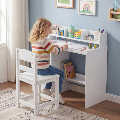 Kids Study Desk and Chair Set Wooden Children Writing Desk with Hutch-White