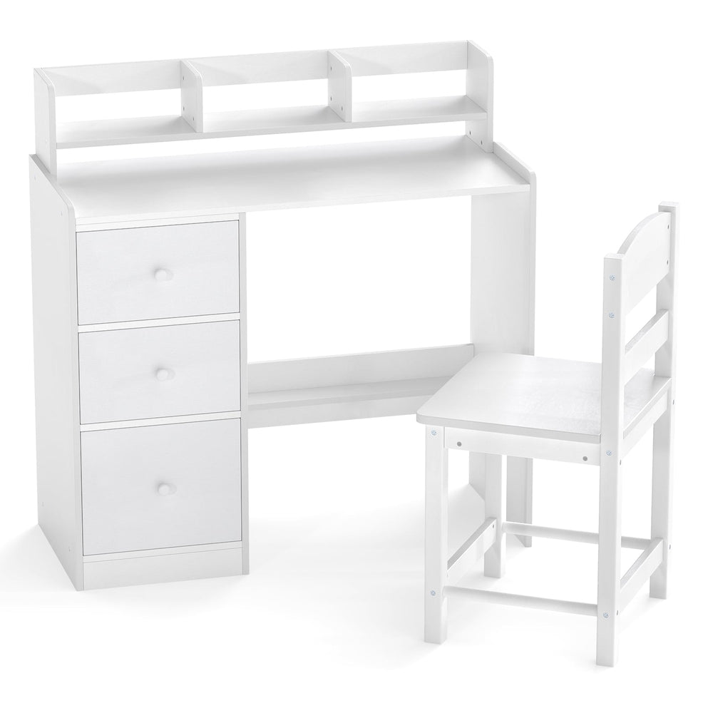 Kids Study Desk and Chair Set Wooden Children Writing Desk with Hutch-White