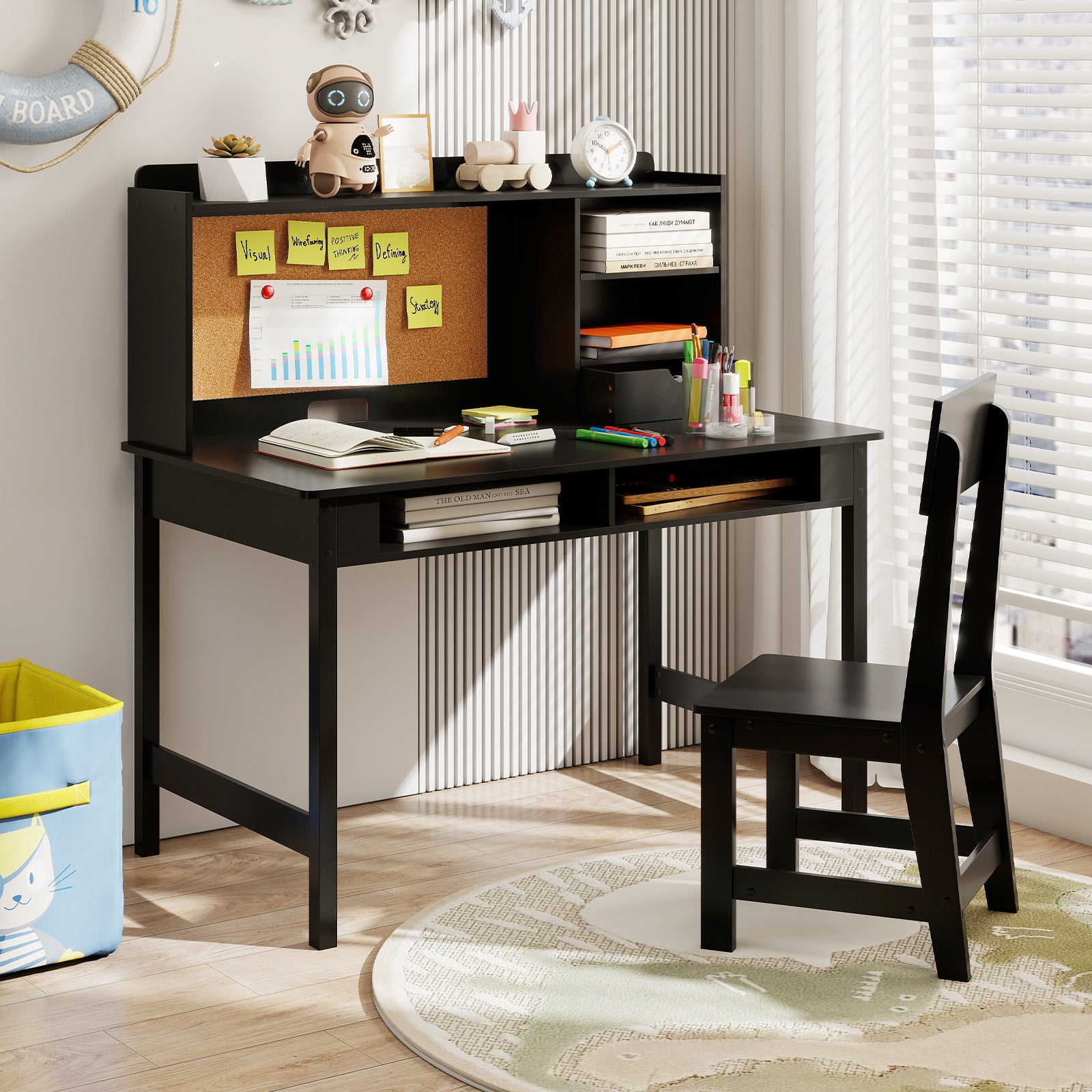 Kids Study Desk and Chair Set Wooden Students Writing Table-Black