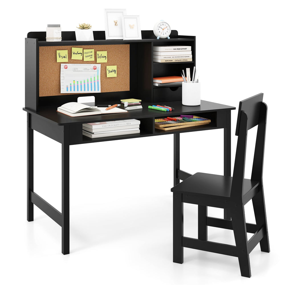 Kids Study Desk and Chair Set Wooden Students Writing Table-Black