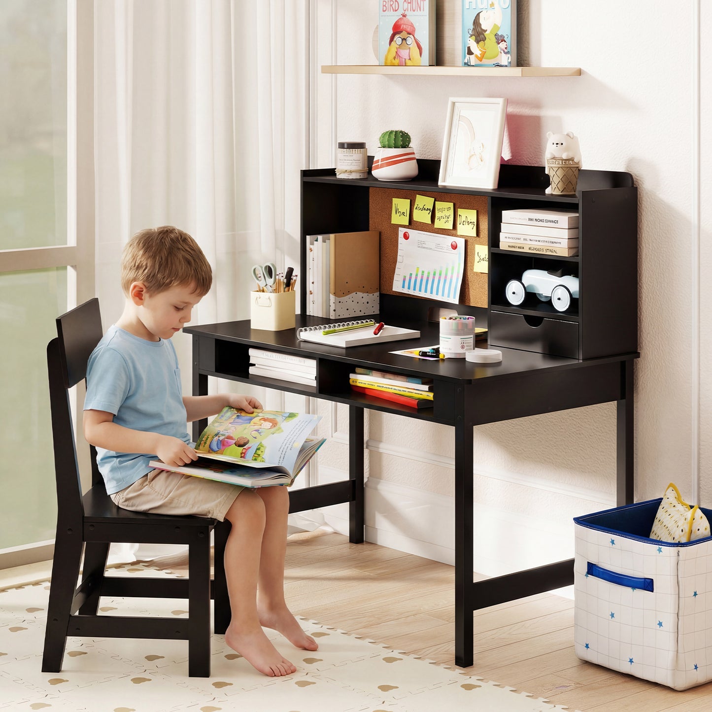 Kids Study Desk and Chair Set Wooden Students Writing Table-Black