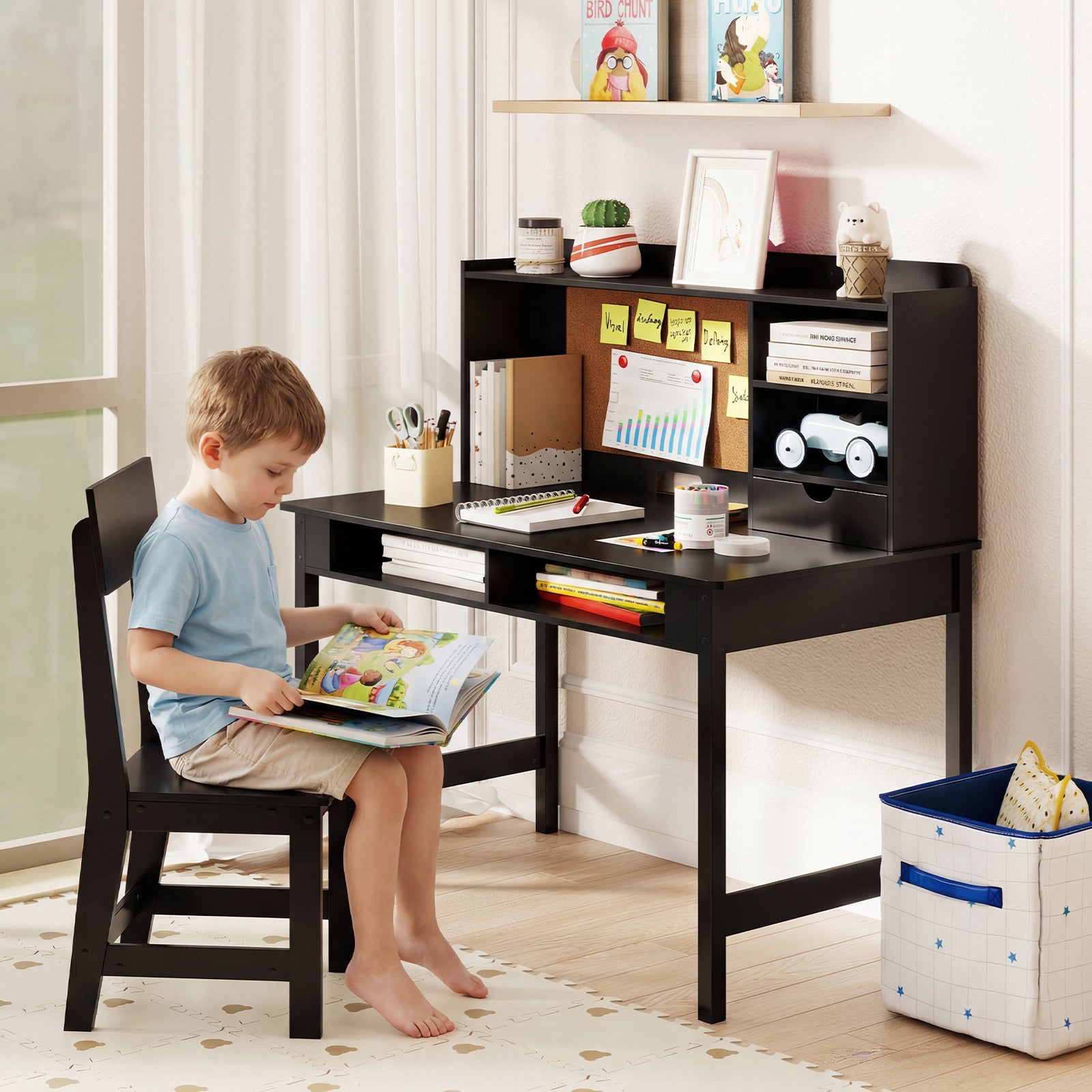 Kids Study Desk and Chair Set Wooden Students Writing Table-Black