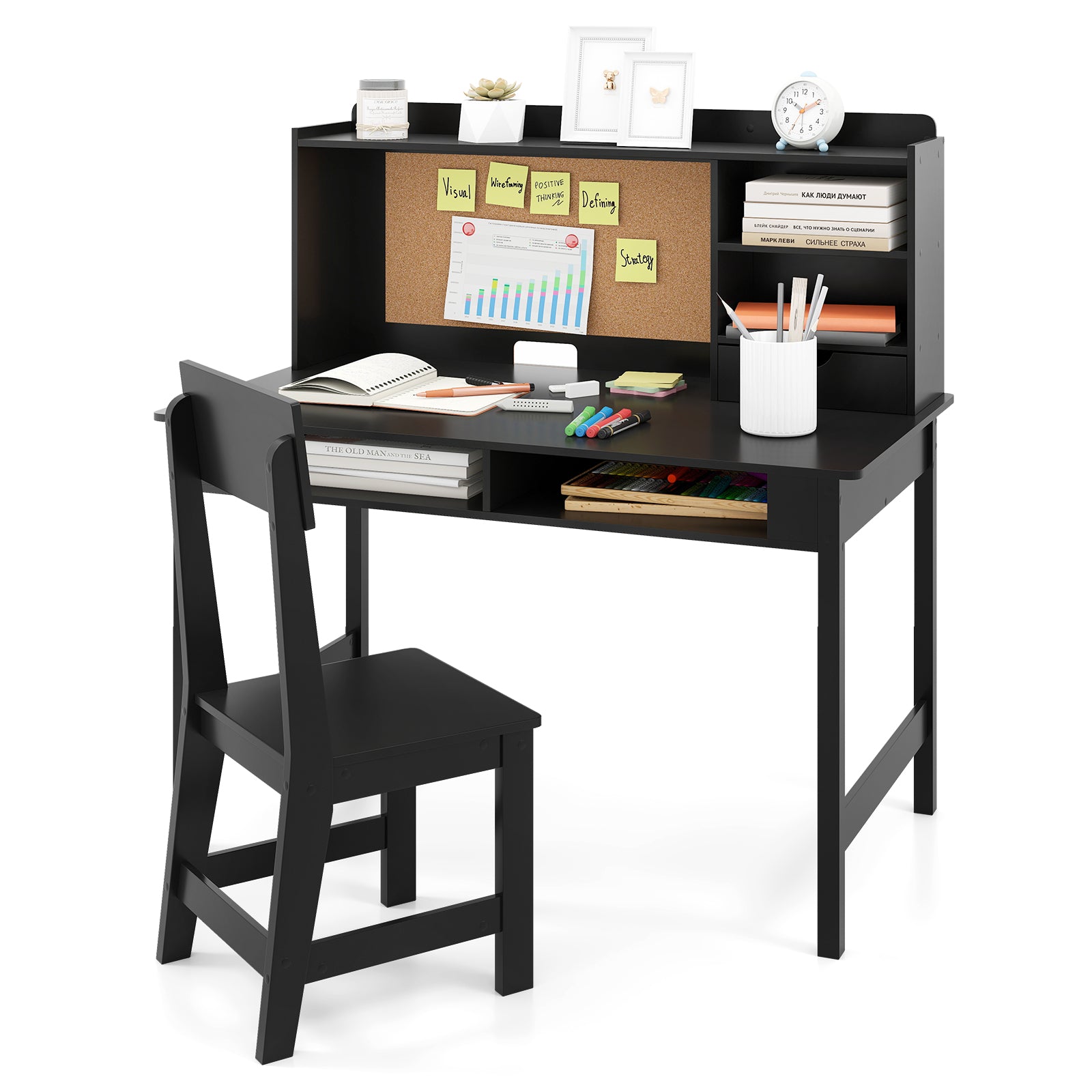 Kids Study Desk and Chair Set Wooden Students Writing Table-Black