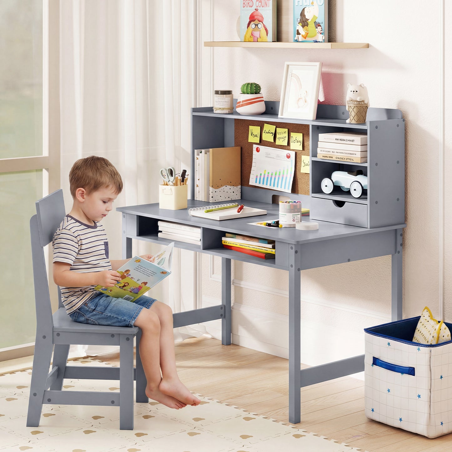 Kids Study Desk and Chair Set Wooden Students Writing Table-Grey