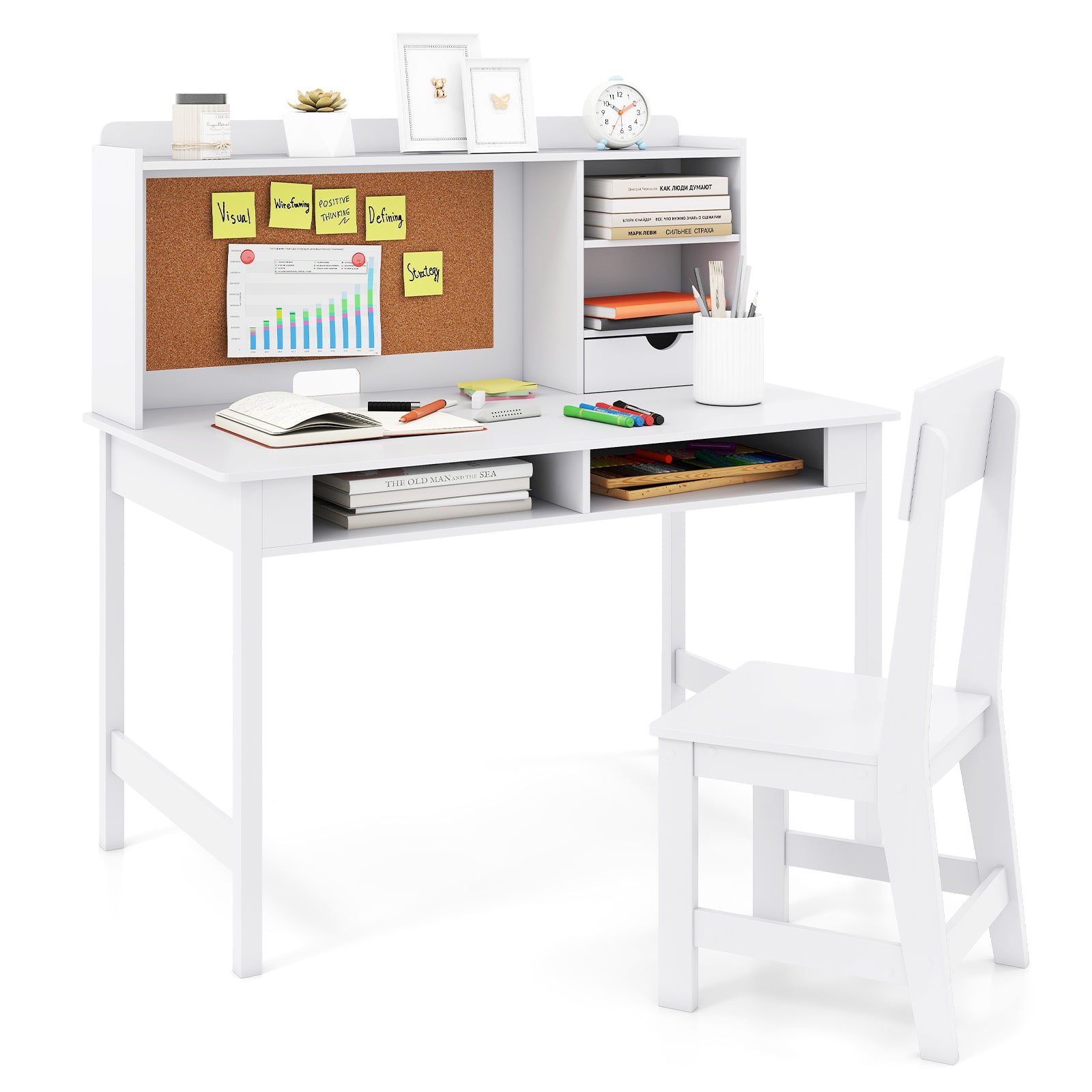 Kids Study Desk and Chair Set Wooden Students Writing Table-White