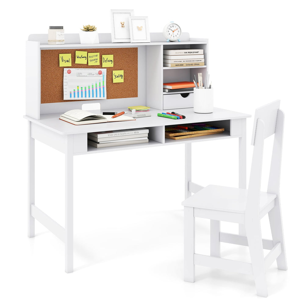 Kids Study Desk and Chair Set Wooden Students Writing Table-White