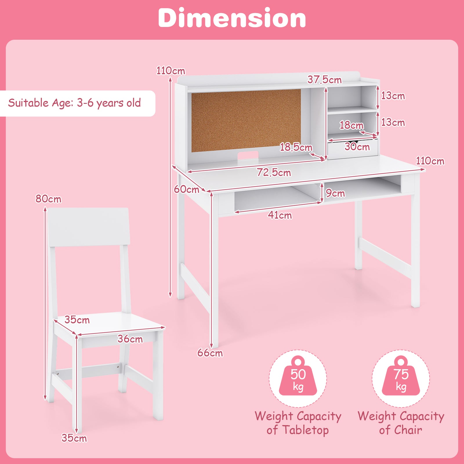 Kids Study Desk and Chair Set Wooden Students Writing Table-White