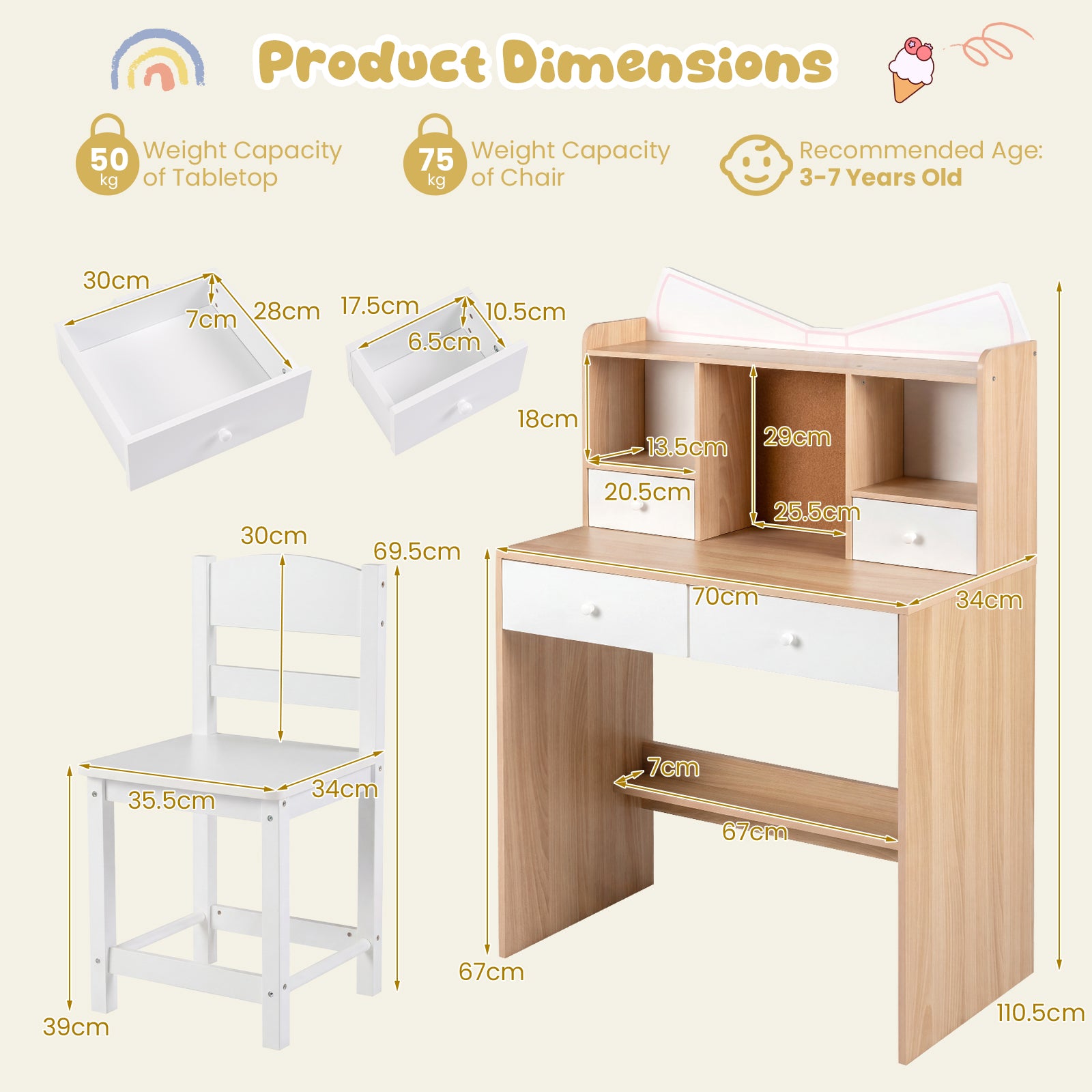 Kids Study Desk and Chair Set with Open Shelves and Cork Bulletin Board-Natural