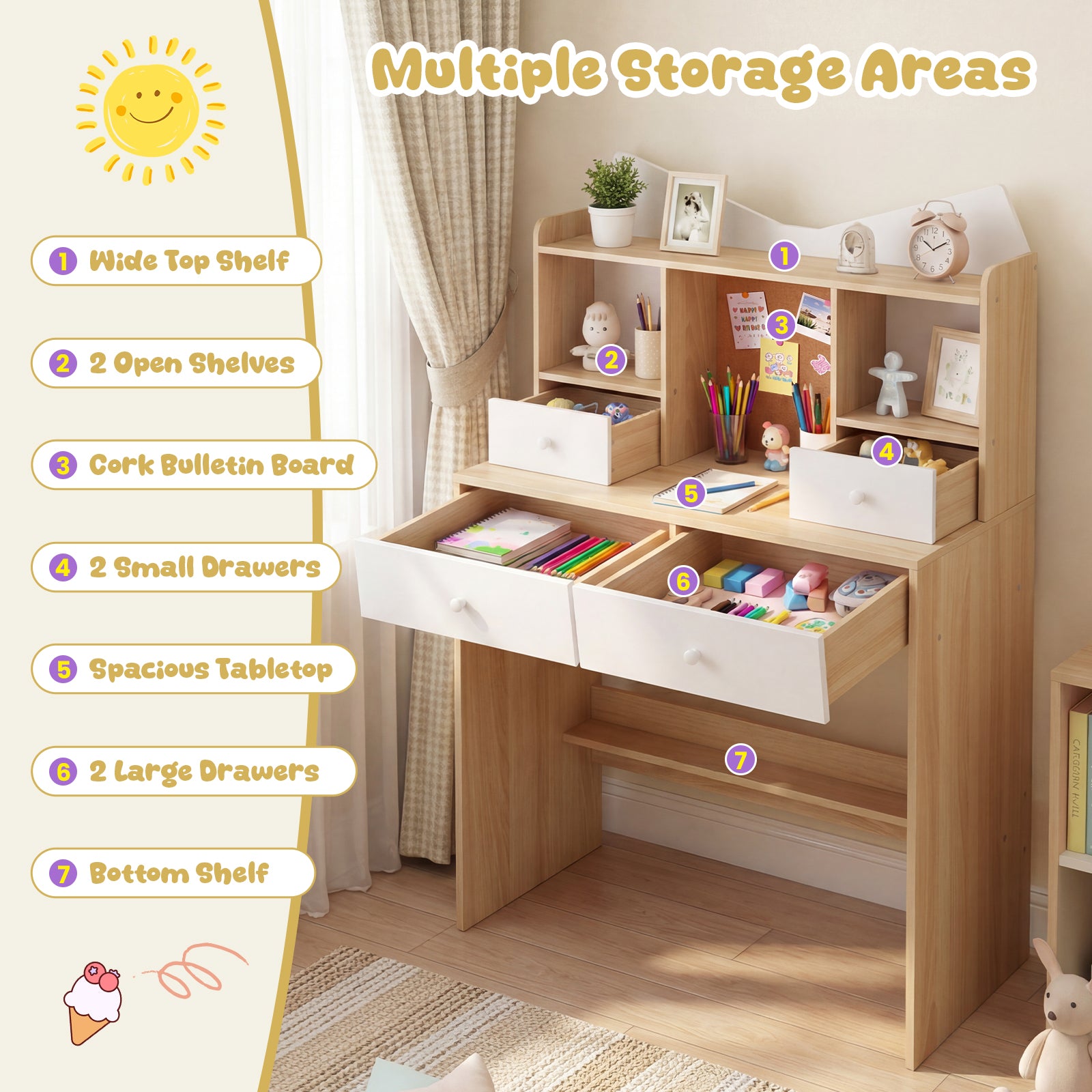 Kids Study Desk and Chair Set with Open Shelves and Cork Bulletin Board-Natural