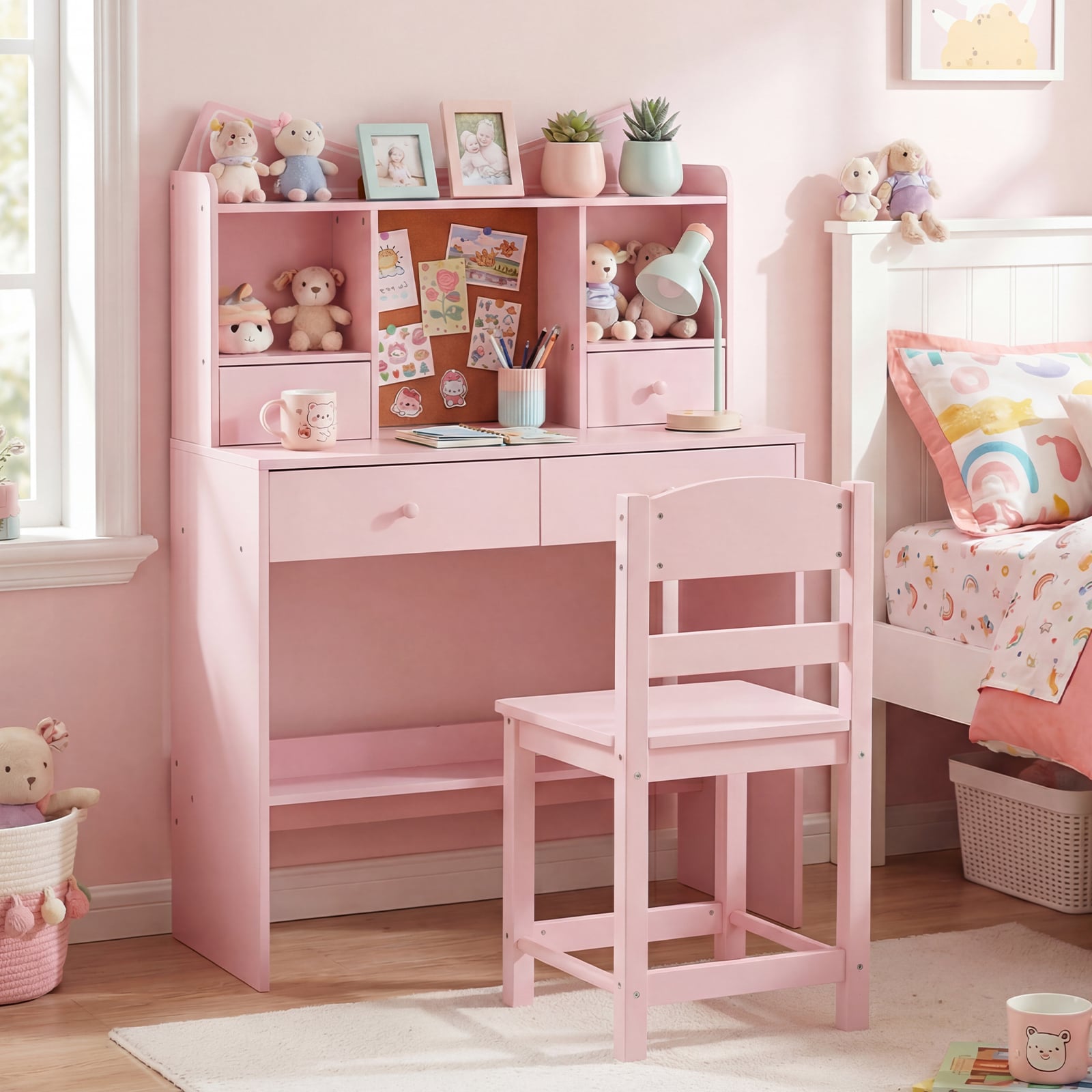 Kids Study Desk and Chair Set with Open Shelves and Cork Bulletin Board-Pink