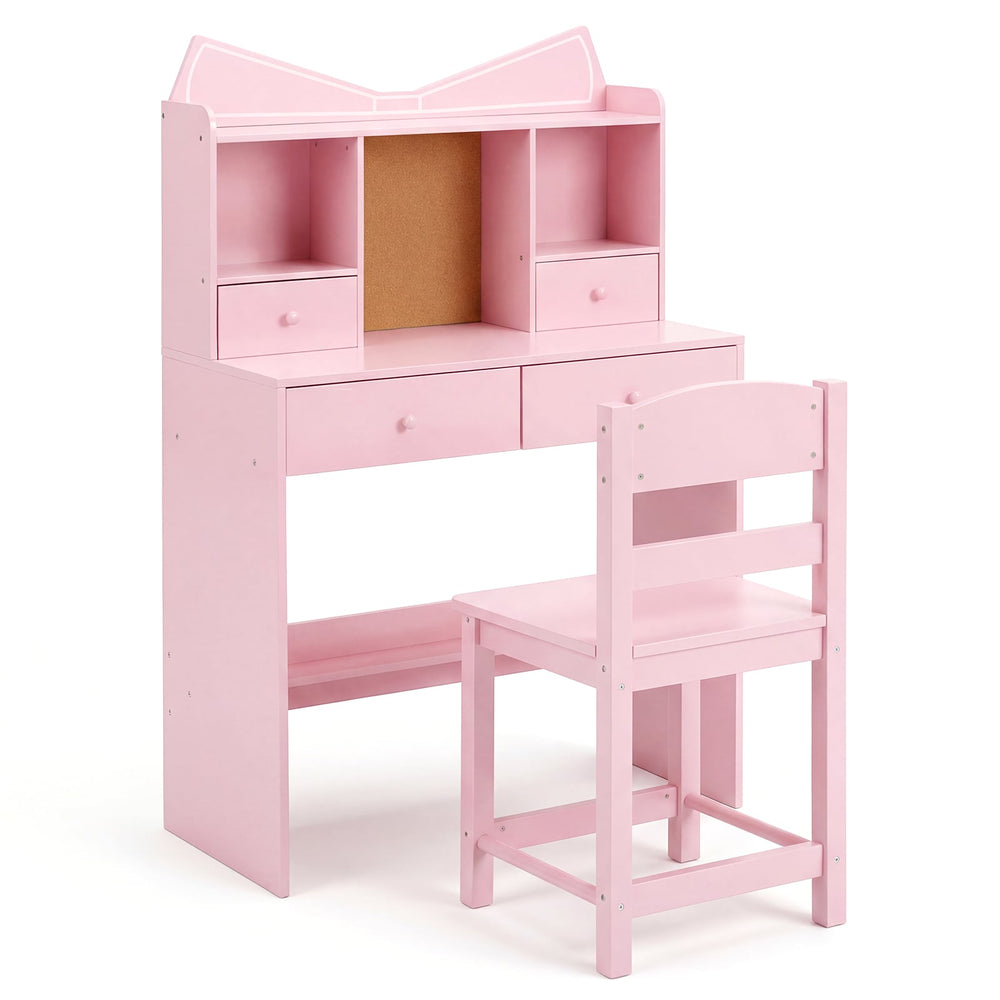 Kids Study Desk and Chair Set with Open Shelves and Cork Bulletin Board-Pink