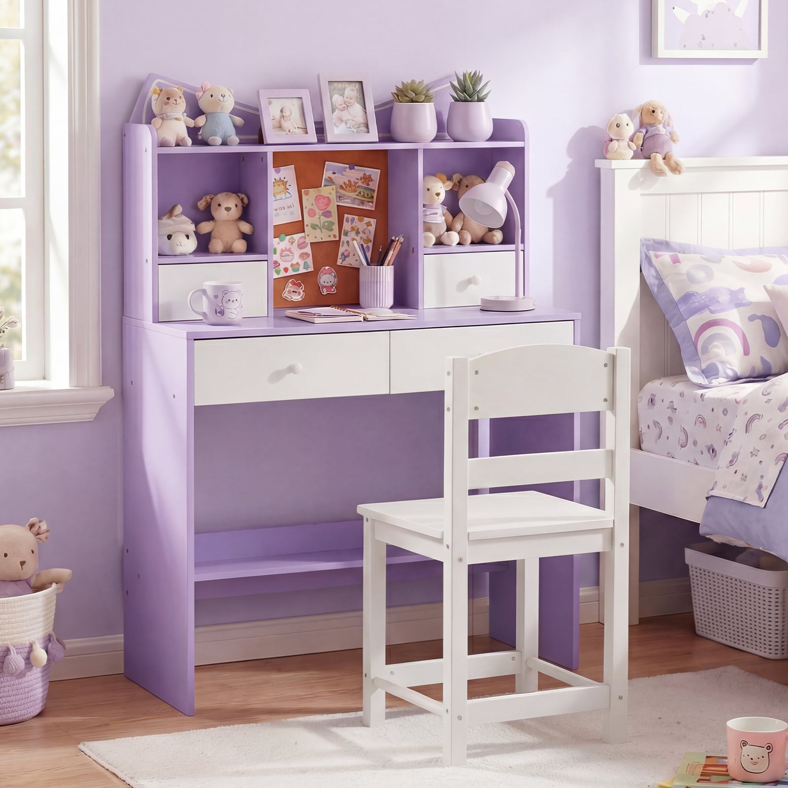 Kids Study Desk and Chair Set with Open Shelves and Cork Bulletin Board-Purple