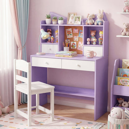 Kids Study Desk and Chair Set with Open Shelves and Cork Bulletin Board-Purple