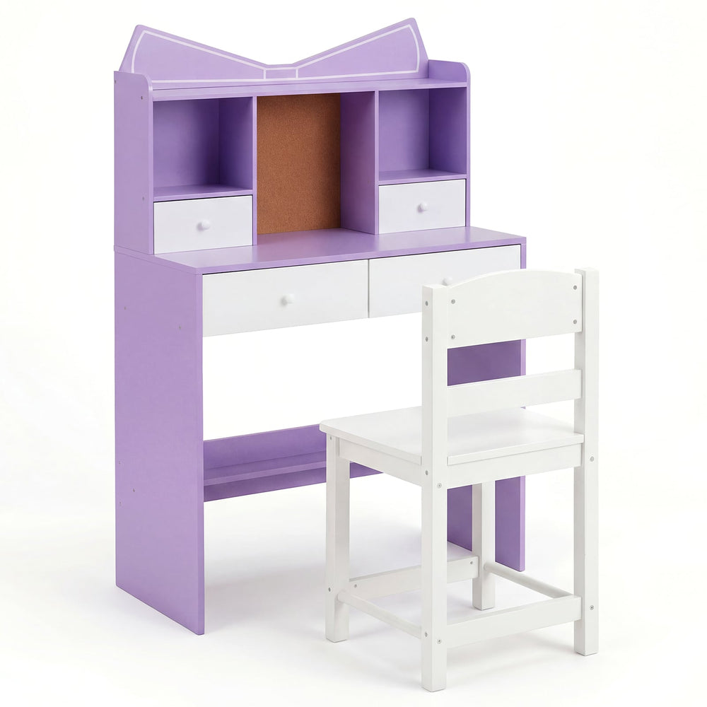 Kids Study Desk and Chair Set with Open Shelves and Cork Bulletin Board-Purple