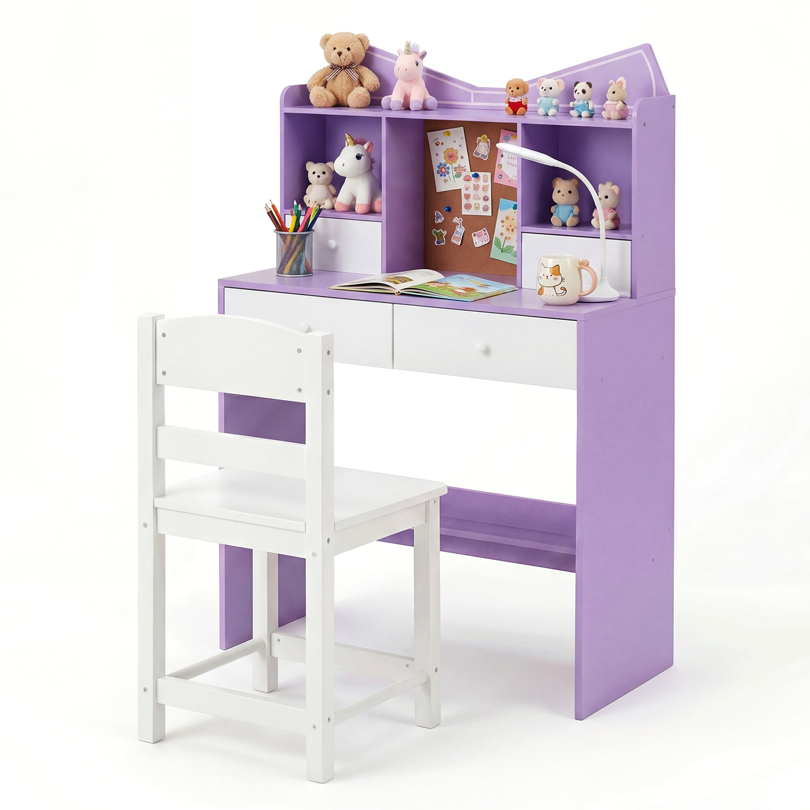 Kids Study Desk and Chair Set with Open Shelves and Cork Bulletin Board-Purple