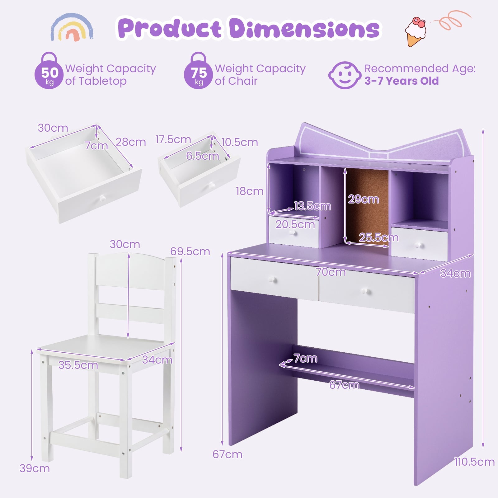 Kids Study Desk and Chair Set with Open Shelves and Cork Bulletin Board-Purple