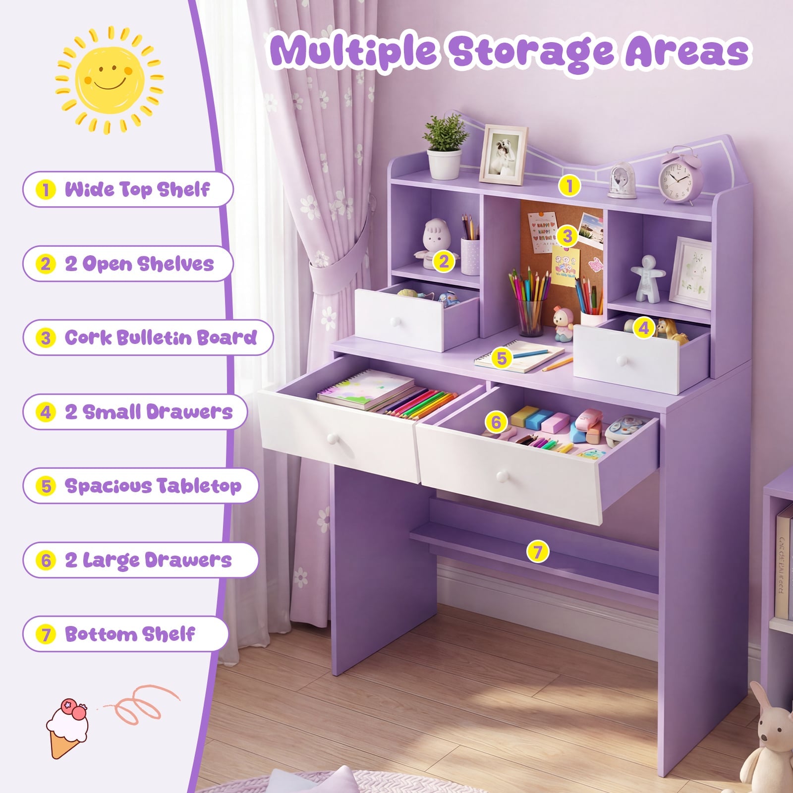 Kids Study Desk and Chair Set with Open Shelves and Cork Bulletin Board-Purple
