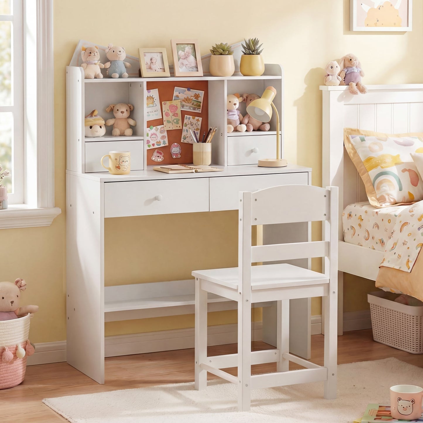 Kids Study Desk and Chair Set with Open Shelves and Cork Bulletin Board-White