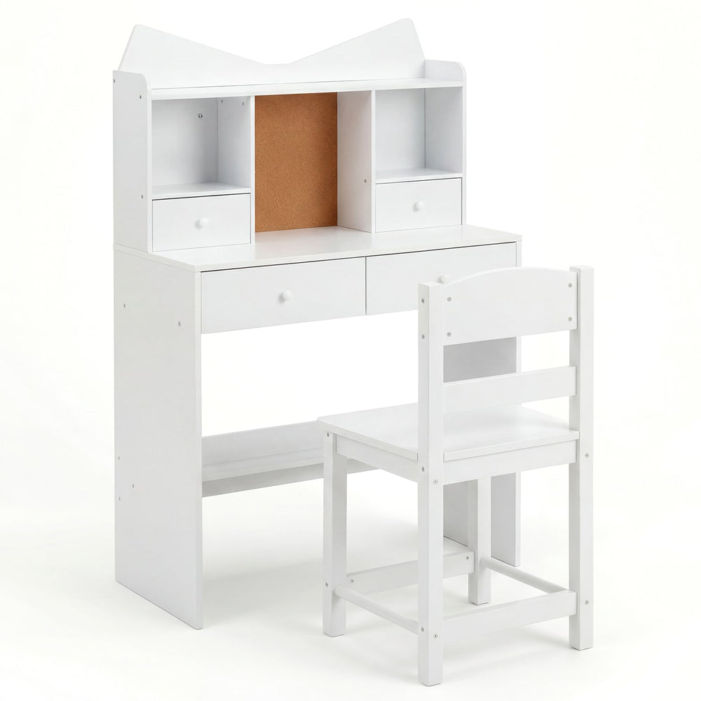 Kids Study Desk and Chair Set with Open Shelves and Cork Bulletin Board-White