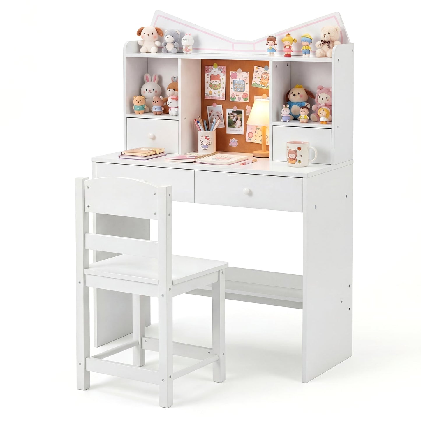Kids Study Desk and Chair Set with Open Shelves and Cork Bulletin Board-White