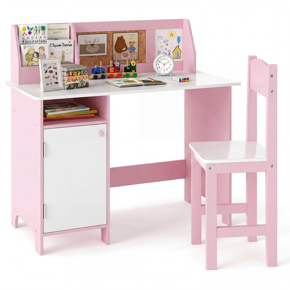 Kids Table and Chair Set with Hutch and Cabinet-Pink