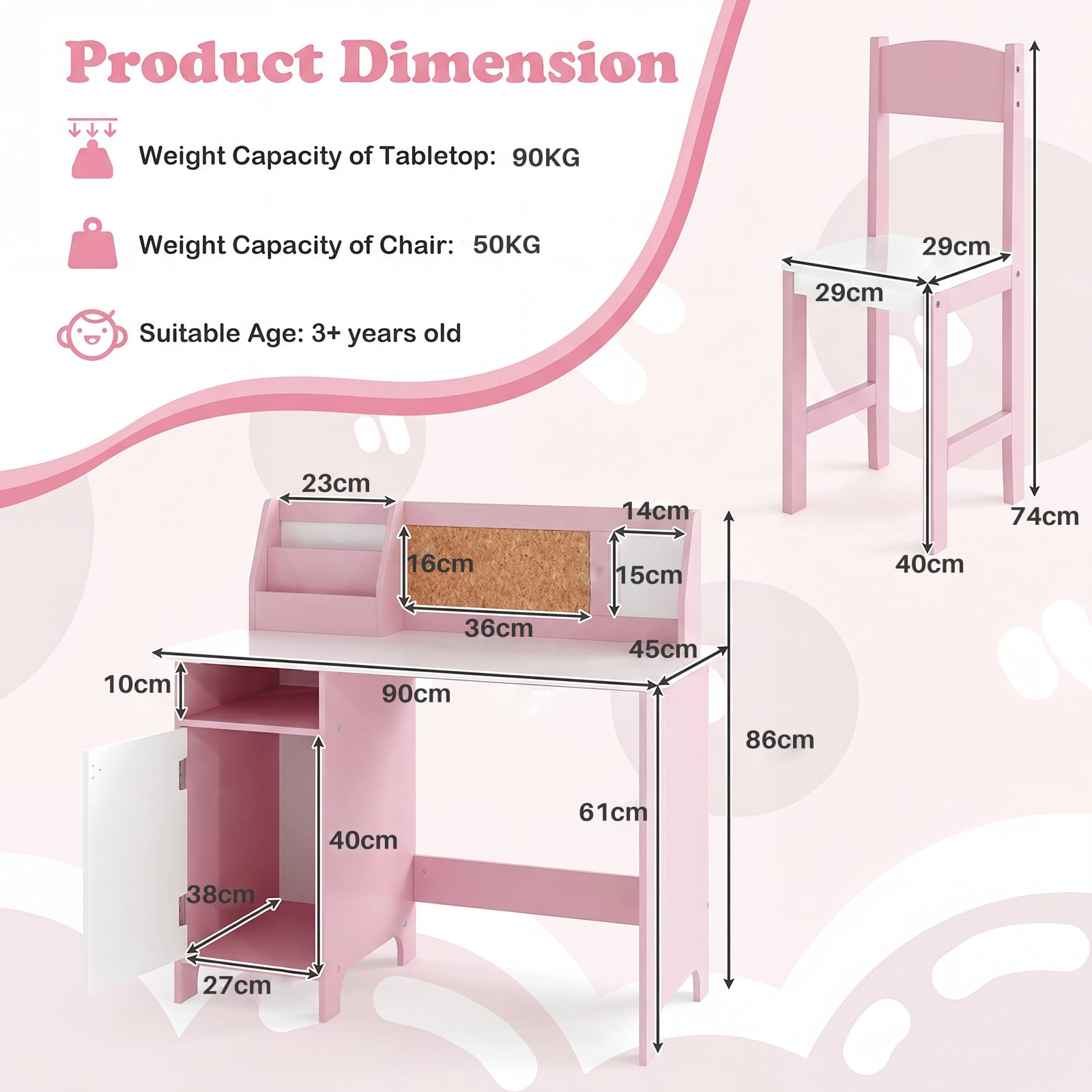 Kids Table and Chair Set with Hutch and Cabinet-Pink
