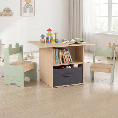 Kids Table and Chairs Set Wooden Toddler Activity Table Set with 2 Open Compartments-Green