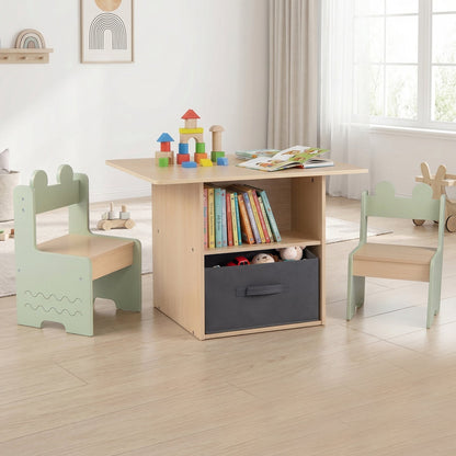 Kids Table and Chairs Set Wooden Toddler Activity Table Set with 2 Open Compartments-Green