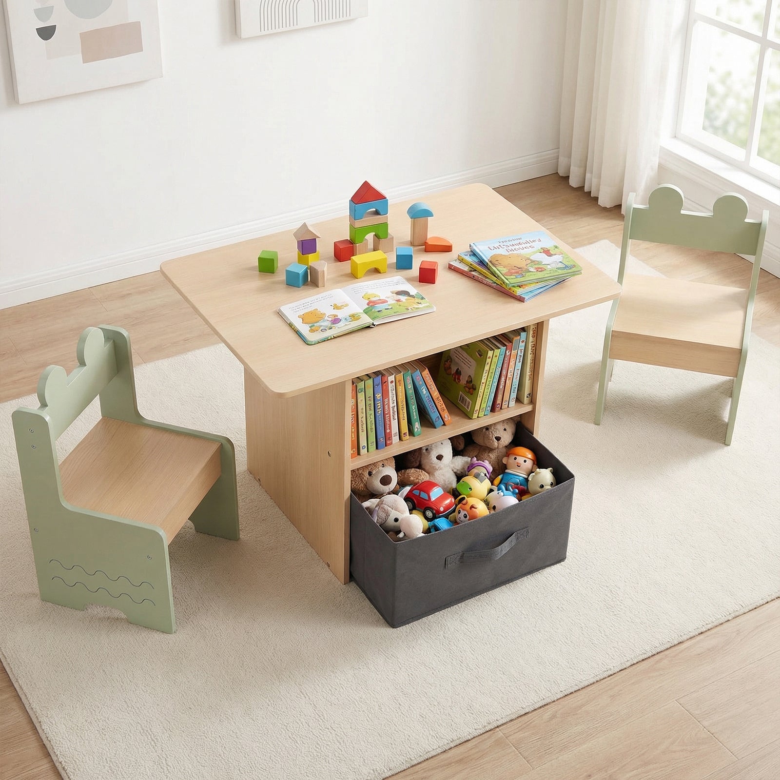Kids Table and Chairs Set Wooden Toddler Activity Table Set with 2 Open Compartments-Green