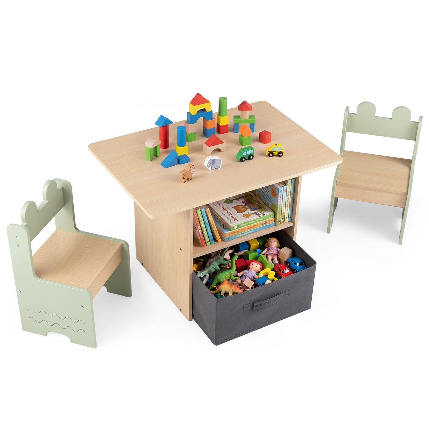Kids Table and Chairs Set Wooden Toddler Activity Table Set with 2 Open Compartments-Green