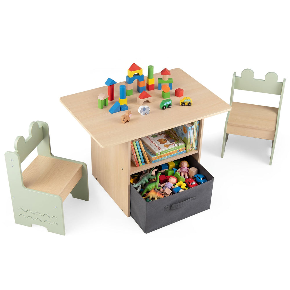 Kids Table and Chairs Set Wooden Toddler Activity Table Set with 2 Open Compartments-Green