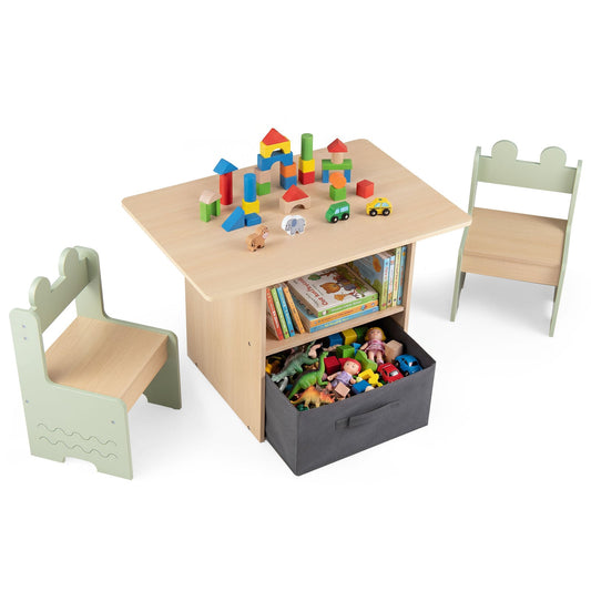 Kids Table and Chairs Set Wooden Toddler Activity Table Set with 2 Open Compartments-Green