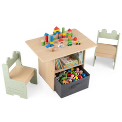 Kids Table and Chairs Set Wooden Toddler Activity Table Set with 2 Open Compartments-Green
