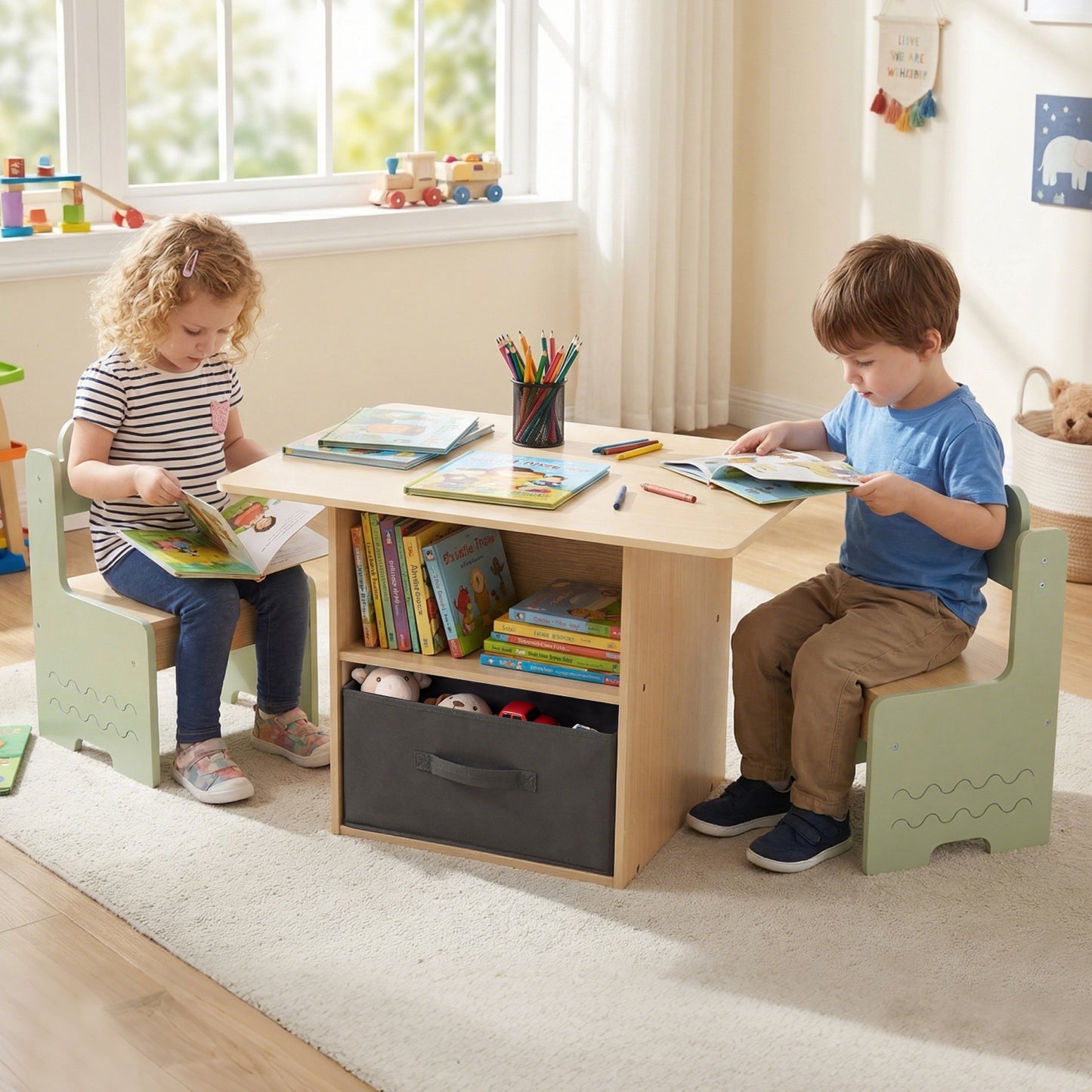 Kids Table and Chairs Set Wooden Toddler Activity Table Set with 2 Open Compartments-Green