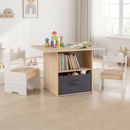 Kids Table and Chairs Set Wooden Toddler Activity Table Set with 2 Open Compartments-White