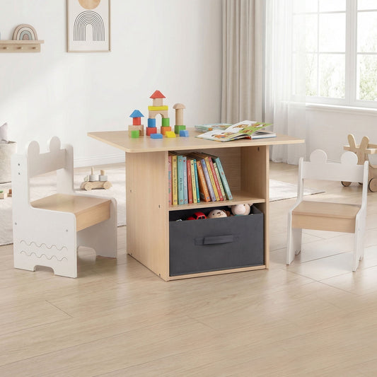 Kids Table and Chairs Set Wooden Toddler Activity Table Set with 2 Open Compartments-White