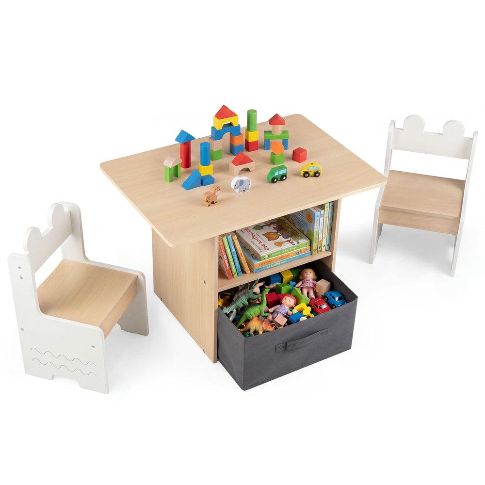 Kids Table and Chairs Set Wooden Toddler Activity Table Set with 2 Open Compartments-White