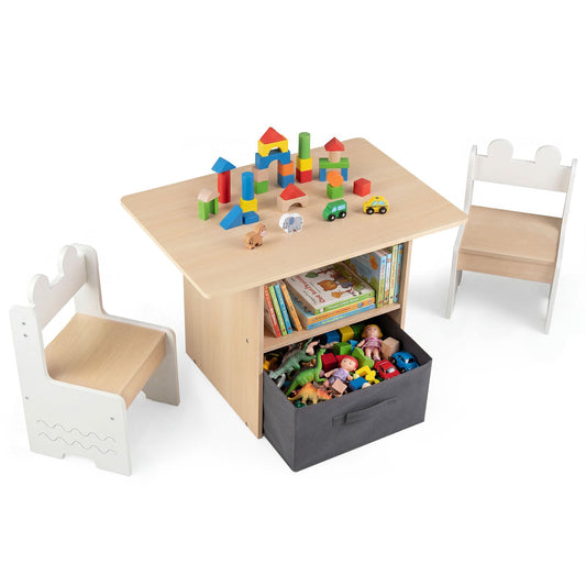 Kids Table and Chairs Set Wooden Toddler Activity Table Set with 2 Open Compartments-White