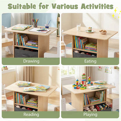 Kids Table and Chairs Set Wooden Toddler Activity Table Set with 2 Open Compartments-White