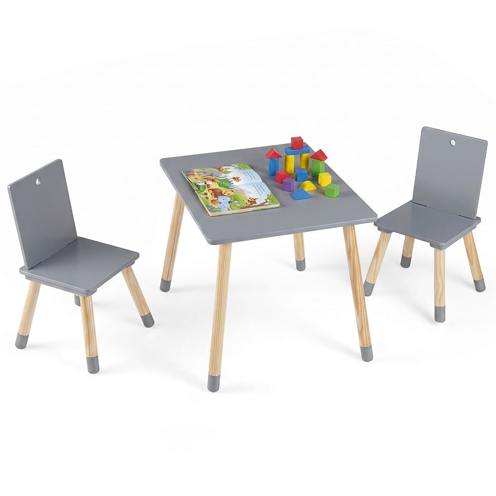 Kids Table and Chairs Set with Pine Wood Legs for Playing Learning Eating-Grey