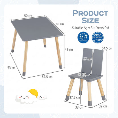 Kids Table and Chairs Set with Pine Wood Legs for Playing Learning Eating-Grey