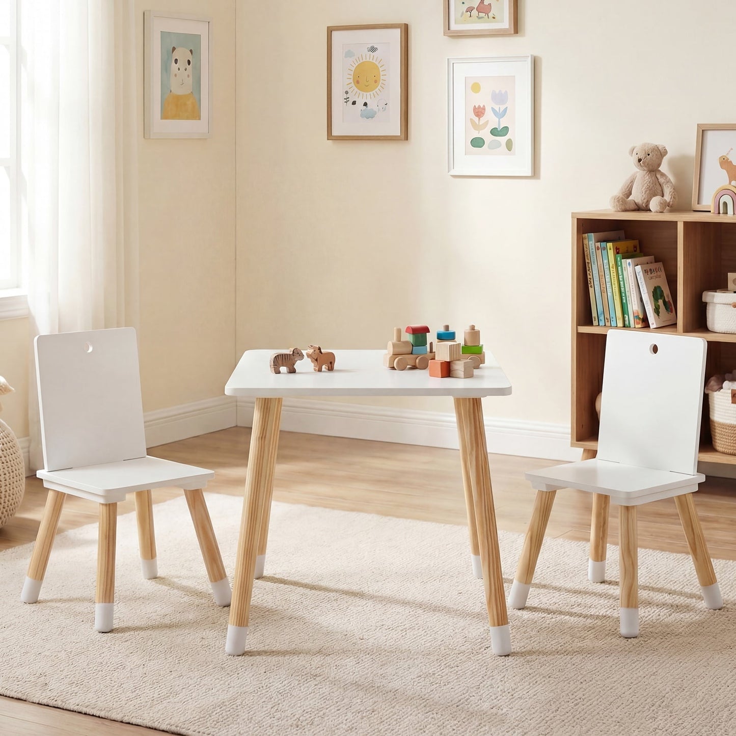 Kids Table and Chairs Set with Pine Wood Legs for Playing Learning Eating-White
