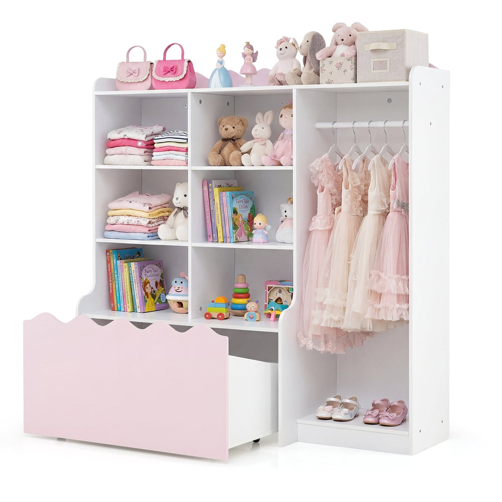 Kids Toy Storage Organizer with Clothing Rack 6 Cubes and Movable Drawer-Pink