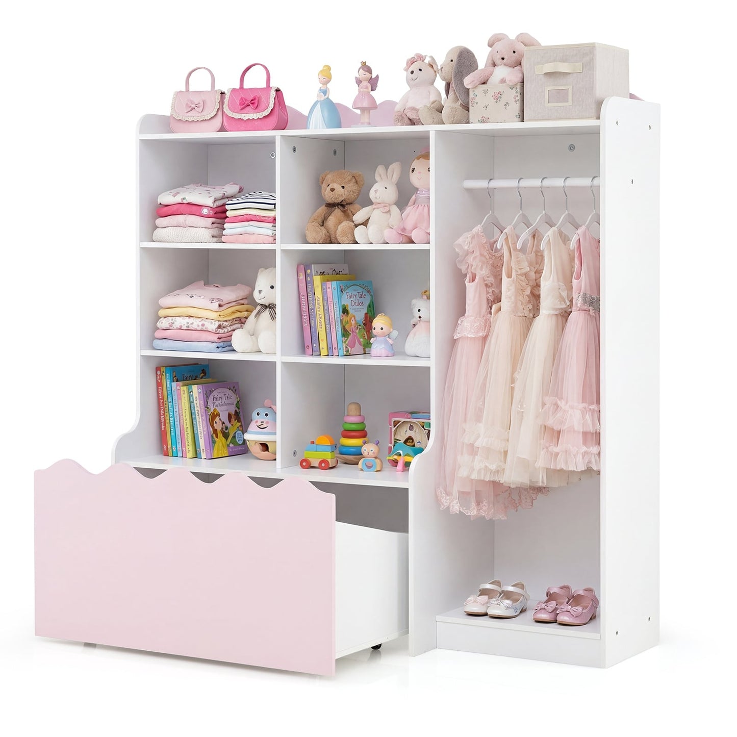 Kids Toy Storage Organizer with Clothing Rack 6 Cubes and Movable Drawer-Pink